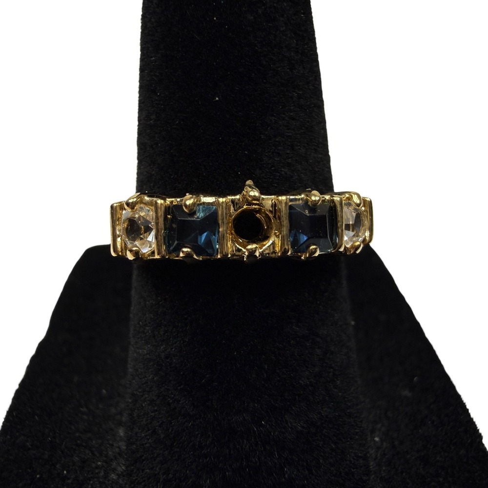Blue Sapphire & Clear Stone Gold Tone Band Ring with Empty Center Setting Sz 6